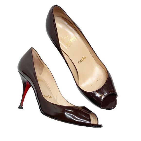 Christian Louboutin Patent Leather Peep Toe Accent Chocolate Brown Pumps Sz 36.5 - Picture 1 of 10